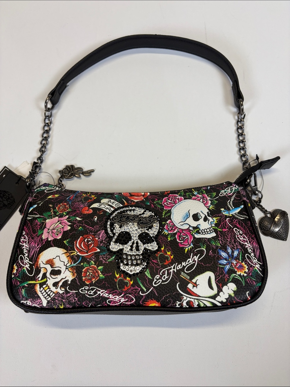 Ed Hardy Skull Rose Tattoo Print Crossbody Shoulder Bag Vegan NWT